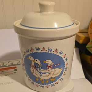Vintage White Ceramic Kitchen Canister. Ribbon Geese Treasure Craft Large